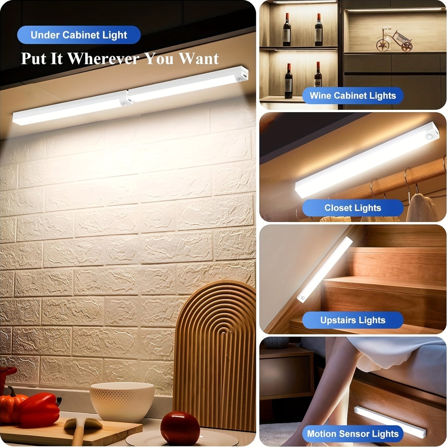 [USB Rechargeable Motion Lights] 6pcs Smart LED Motion Sensor Lights, LED Indoor Lighting Strips with USB Rechargeable Magnetic Night Lights, Sizes 3.94In/7.87In/11.81In, Detachable Cabinet Lights, Motion Sensors, Indoor Motion Lights, Stair Lighting, She