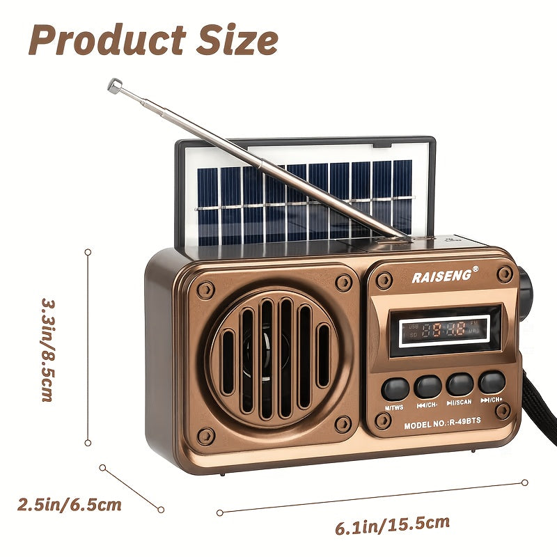FM Portable Radio, Multi-Functional Radio (R-49BTS), Retro Wireless Wireless Speaker with Solar Panel, Supports USB/TF Card Playback, Digital Radio with Loud Volume, Suitable for Indoor/Outdoor Travel Or Emergency, 250Th Independence Day Gifts