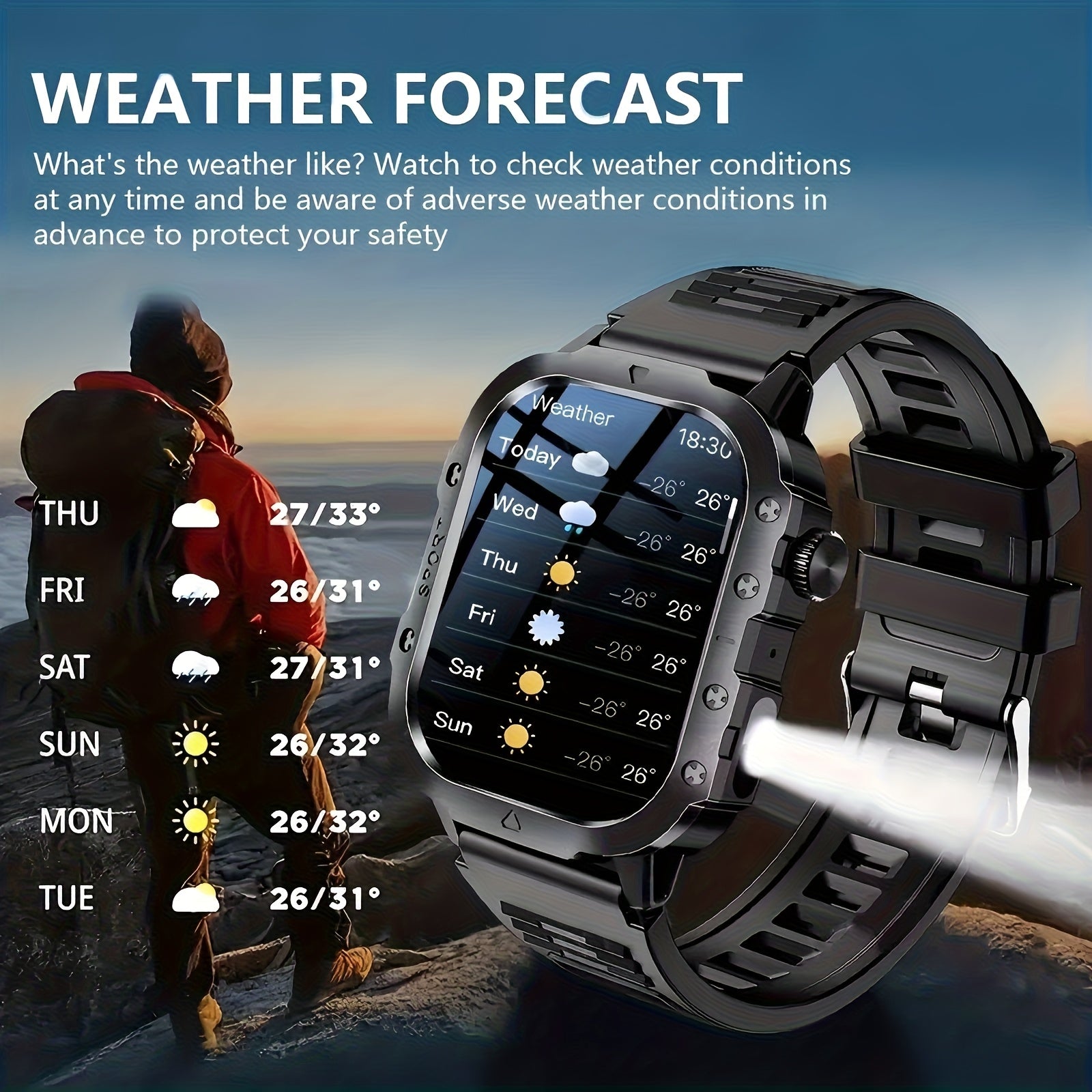 2.01-inch Large Screen LED Flashlight Outdoor Smartwatch, Multiple Sports Modes, Message Reminders, Compatible with Android and iPhone, Stylish Fitness Tracker, Long-Lasting Battery, Multifunctional Watch, for Fitness Enthusiasts and Tech Savvy
