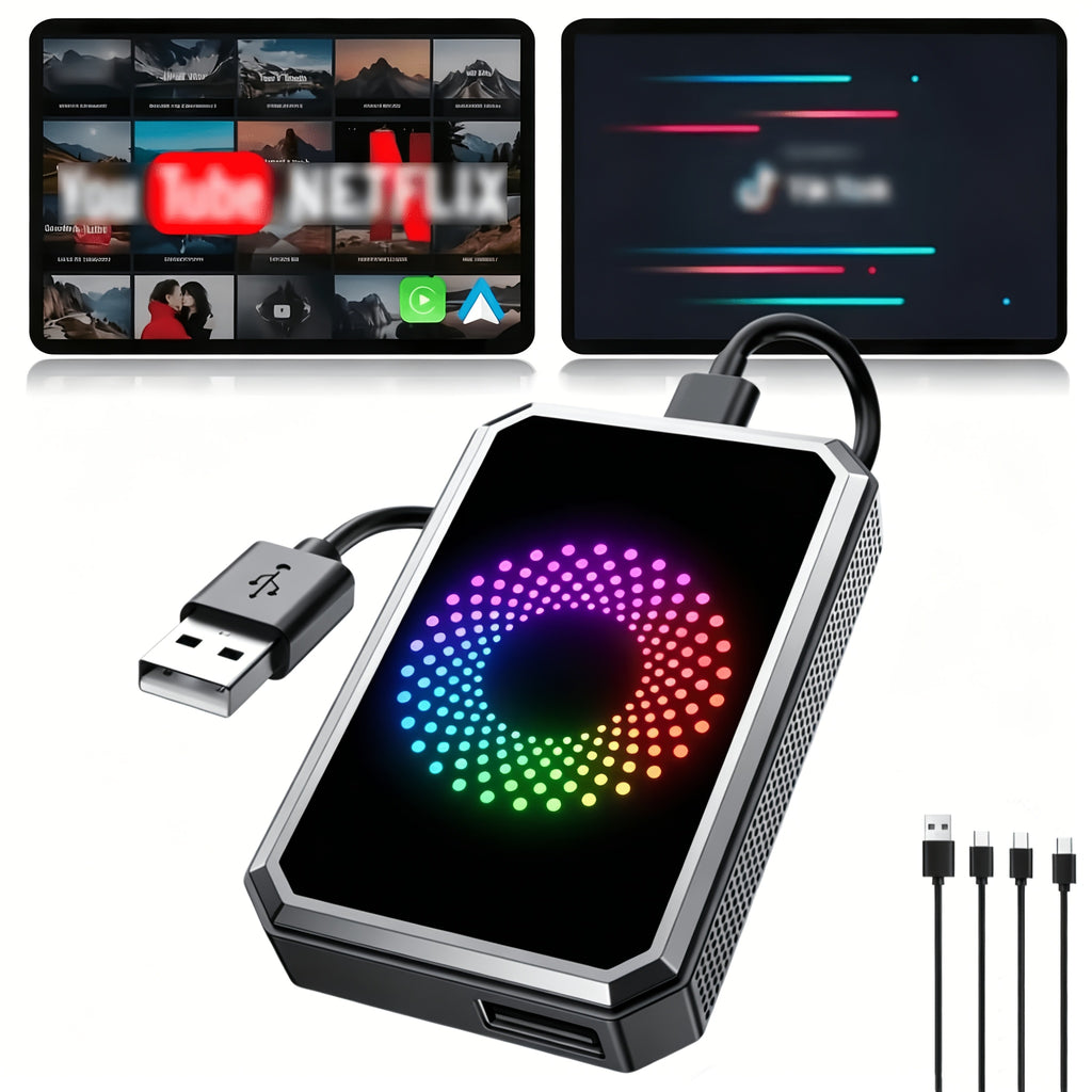 The 3-in-1 Magic Media Box Supports Netflix/YouTube/TikTok Streaming. Equipped With A Wireless CarPlay Adapter And USB Port, It Is Compatible With Factory-installed Wired Apple CarPlay And Android Auto Systems. Note: Wireless CarPlay Requires IOS 10
