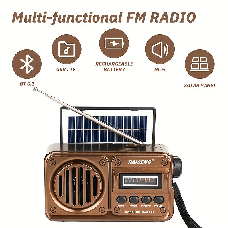 FM Portable Radio, Multi-Functional Radio (R-49BTS), Retro Wireless Wireless Speaker with Solar Panel, Supports USB/TF Card Playback, Digital Radio with Loud Volume, Suitable for Indoor/Outdoor Travel Or Emergency, 250Th Independence Day Gifts