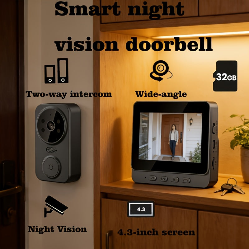 Video Doorbell Wireless Doorbell Camera 1080P with Screen, Two-Way Audio, 170° Vision, 4.3-Inch Screen, I Video Doorbell No Subscription, No Application, No Wifi, Simple Operation