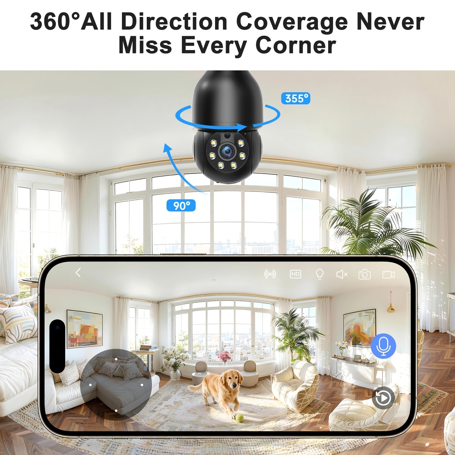 5MP High-definition Smart Bulb Camera, Cat/dog Monitoring Camera, 360° Panoramic Pan-tilt, 5G/2.4G WiFi, Wireless Indoor Use, Color Night Vision, with Motion Detection Alarm, Remote Two-way Voice, Very Suitable for Pet Monitoring, Mothers Day Gift