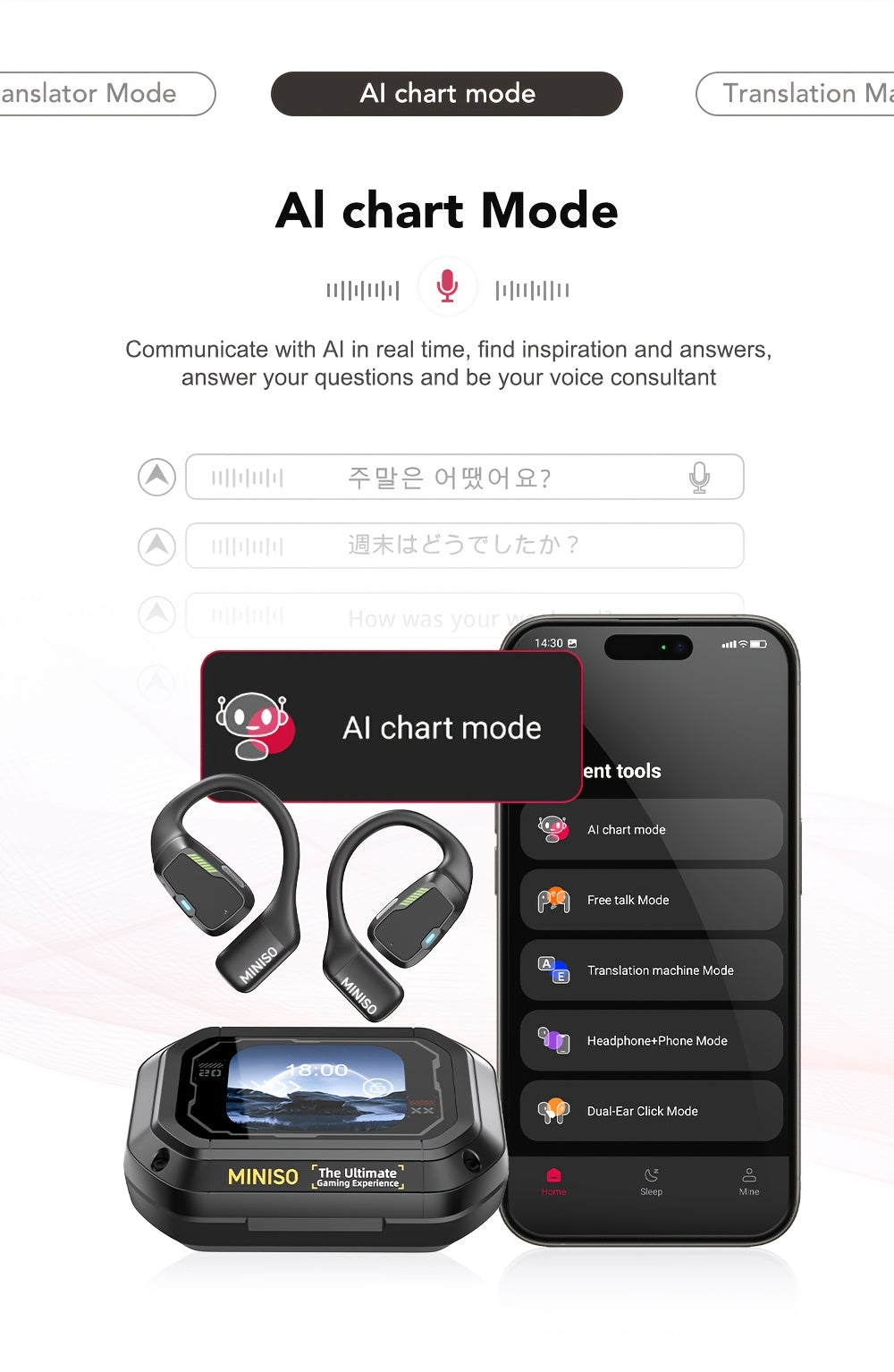 MINISO M98 AI Translation Wireless Earbuds Feature Open-Ear Design And Support for 135 Languages with Real-Time Translation. These Headphones Come with a Full-Color Display, Touch Screen, And Gaming Headset Capabilities