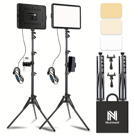 NiceVeedi 2-Pack LED Video Kit Studio Light Photography Lighting Kit with Tripod Stand & Phone Holder, 2800-6500K Dimmable -Powered Adjustable Color Temperature Lighting for Video Recording, Gaming Streaming, YouTube/Vlogging, Compatible with DSLR/Camcord
