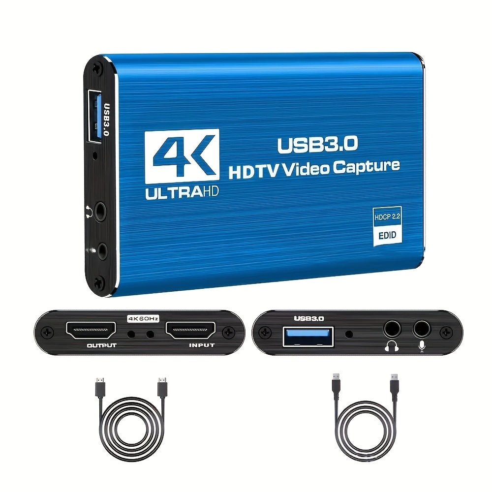 A USB 3.0 Video Capture Card Supporting 4K UHD 60Hz, 1080P 60Frame HD Recorder, Compatible with Live Game Streaming And OBS Capture