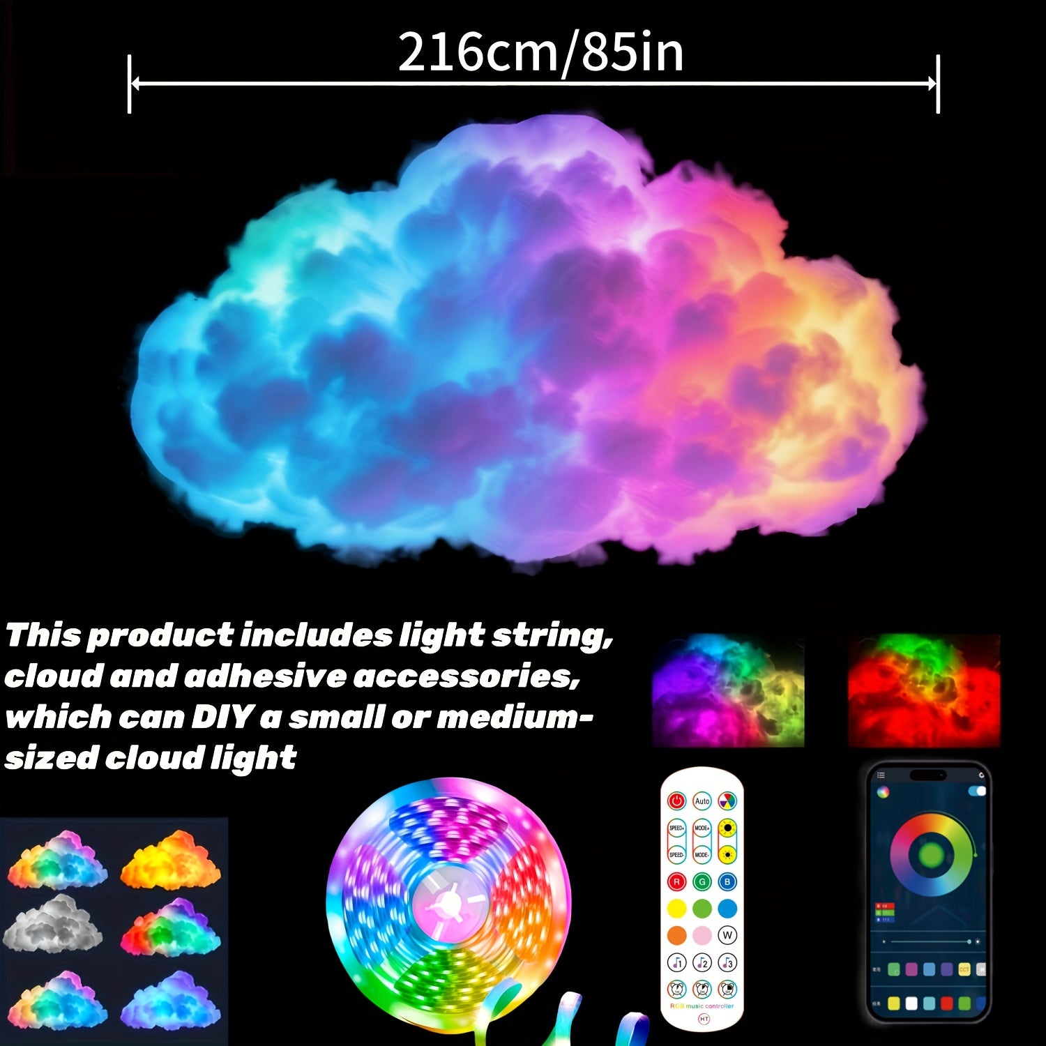 3D Thunder Cloud Night Light with Music Sync Mode - Smart RGB LED Strip Lights, USB-Powered Wall/Ceiling Mount for Bedroom, Gaming Room & Party Decor, Color Changing Ambient Lighting, Cloud Lights for Bedroom, Smooth Curved Design