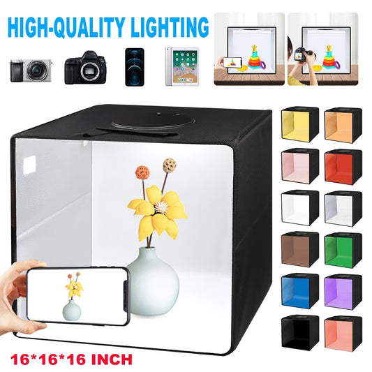 Portable LED Photo Studio Light Folding Photo Lighting Studio Shooting Tent Box with 12 Colors Backdrops, for Product Photography, Jewelry, Cosmetics - Size: 16*16*16 Inch(Black)