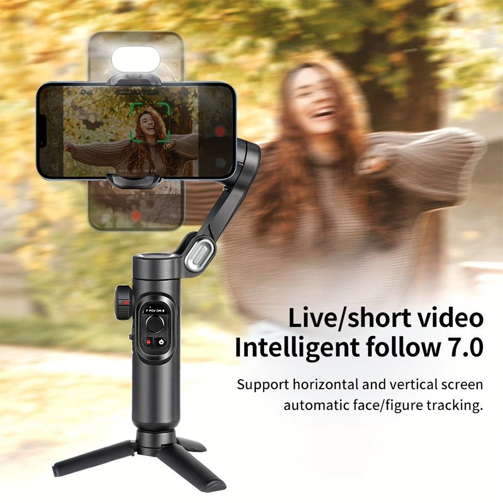 The AOCHUAN Smart XE Is a Compact And Foldable Gimbal Stabilizer Featuring Three-Axis Stabilization And Anti-Shake Technology. It Includes a Built-In RGB Seven-Color Magnetic Fill Light And Offers 360-Degree Rotation with AI Automatic Face Tracking