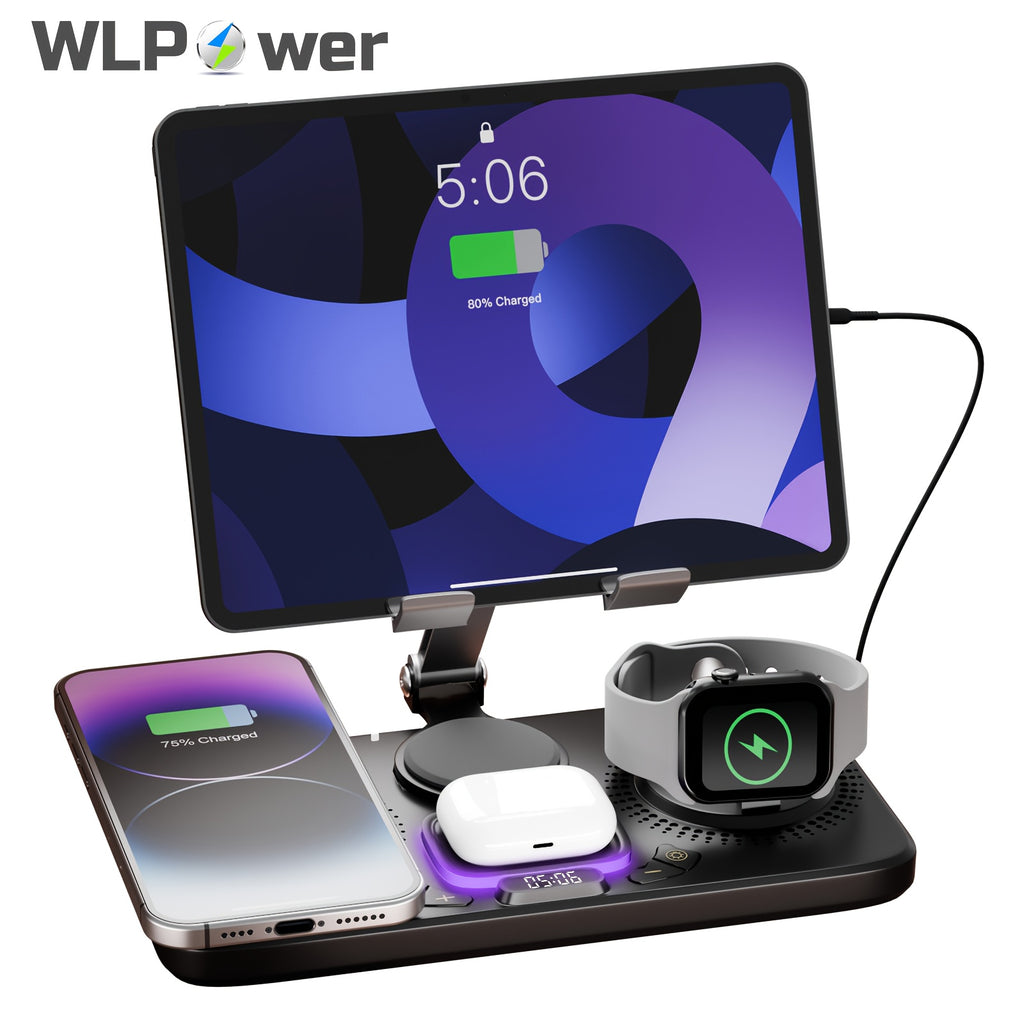 Wlpower 6-In-1 Wireless Charging Station for Multiple Devices with Clock Display And Atmosphere Light, 15W Max Fast Charging Dock with Tablet Stand, for Iphone 17/17 Air 16 15 14 13 12 Plus Pro Max, for Airpods And for Iwatch Series, Christmas Gifts
