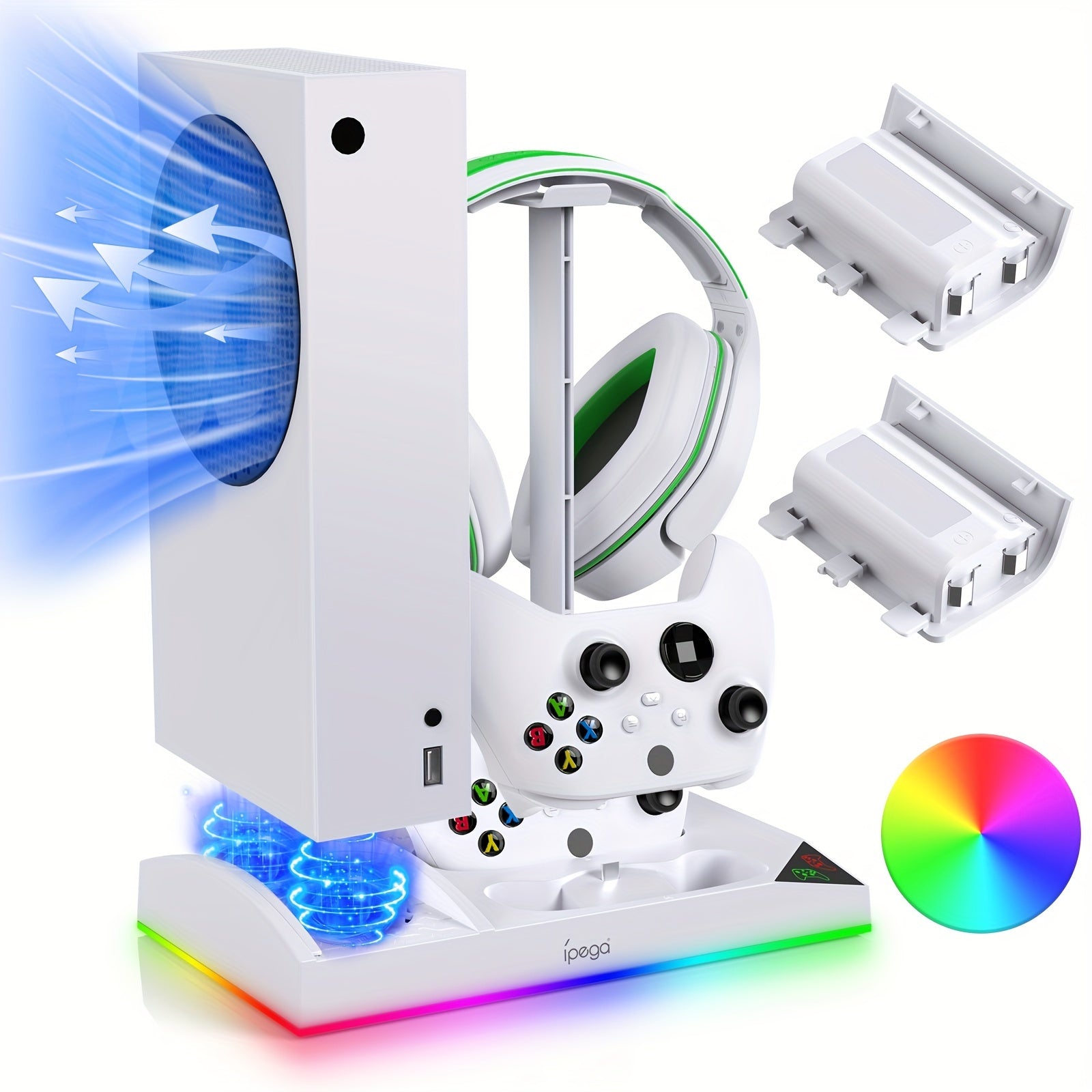 [RGB Cooling Fan Stand] Upgrade RGB Cooling Fan Stand for Xbox Series S Console With 15 Colorful Lights, Dual Controller Charging Station & Cooler Base System for Xbox Series S With 2 * 1400Mah Rechargeable Battery