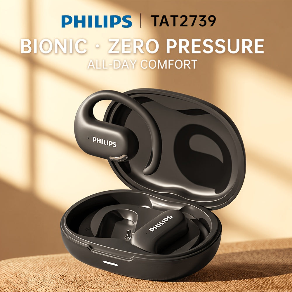 Philips TAT2739 Wireless Open-Ear Headphones, AI Call Noise Reduction, 360° Spatial Sound, High-End Hi-Fi Sound, Ergonomic Design, Type-C Charging, Capacitive Microphone, Lithium Polymer Battery, 30 Hours Single Battery Life, with Plastic Material