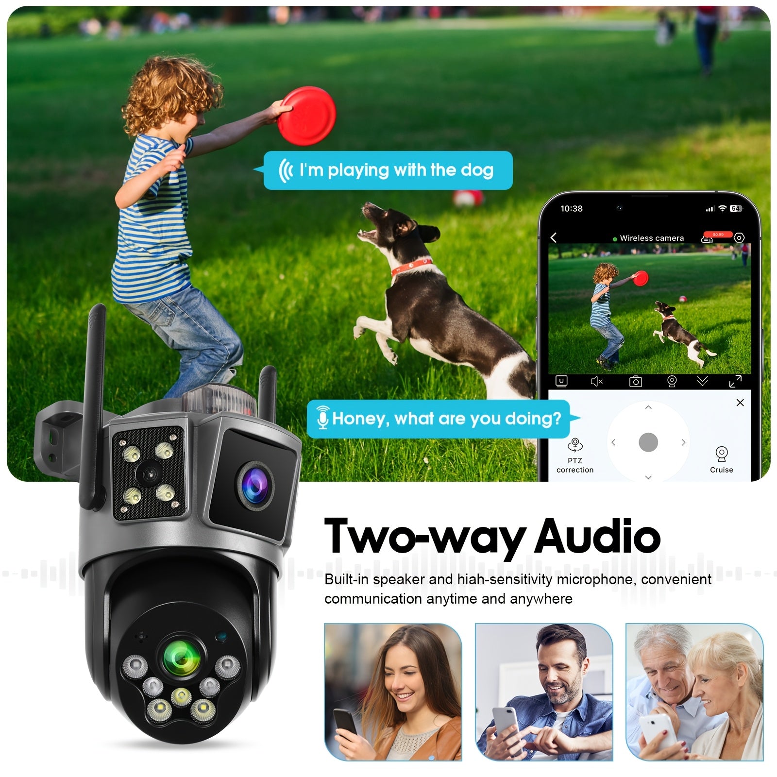 Dual Lens 3 Scene Outdoor Indoor Security Camera, Wifi, 355° Pan Tilt, Color Night Vision, AI Motion Sensor Alarm, Remote Monitoring, Cloud Storage & SD Card (Up to 256GB) Camaras De Seguridad Para Casa