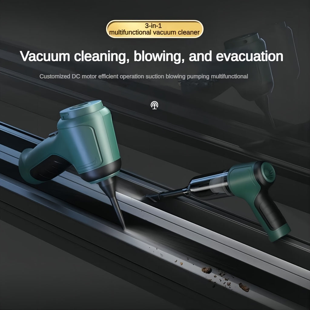 A Three In One Wireless Vacuum Cleaner with A High Power, Which Can Be Used for Suction, Air Extraction, And Blowing, Both In The Car And At Home. It Has An Extended Battery Life, Can Absorb Dust, Debris, Pet Hair, Air Extraction, And Dust Blowing