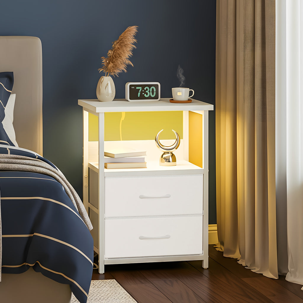 [LED Nightstand Set] WHONLINE 1/2pcs Night Stand With Charging Station, LED Nightstand Set Of 1/2, Smart Night Stand With U-S-B Ports And Outlets, 2 Fabric Storage Drawers With PU Finish, Bed Side Table For School And Dormitory Storage, White Or Black