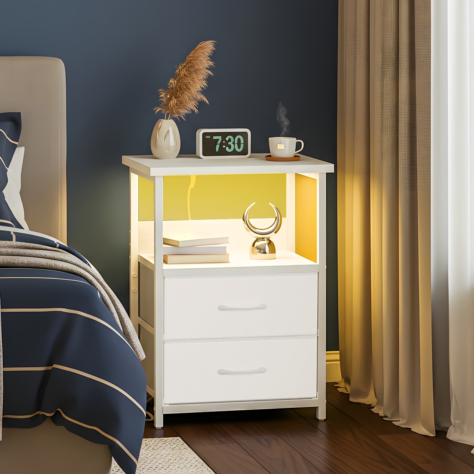 [LED Nightstand Set] WHONLINE 1/2pcs Night Stand With Charging Station, LED Nightstand Set Of 1/2, Smart Night Stand With U-S-B Ports And Outlets, 2 Fabric Storage Drawers With PU Finish, Bed Side Table For School And Dormitory Storage, White Or Black