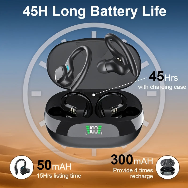 True Wireless Earbuds, Wireless 5.4 TWS Earphones with Mic | Sport Earhook Headset, Stereo In Ear Headphones with LED Display Charging Case, Non, Noise Cancellation for Voice Calls, Touch Control, Lithium Polymer Battery