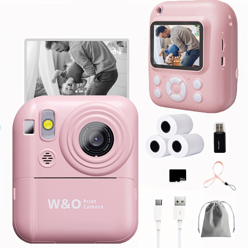 W&O Instant Print Camera With Print Paper - 48MP Digital Camera With Flash, MP4, Puzzle Game, 32G TF Card And Card Reader, Outdoor Photography Mini Digital Camera Printer With 2.4'' 1080P FHD Cartoon Photo Mini Camera - Great Birthday Christmas Gift