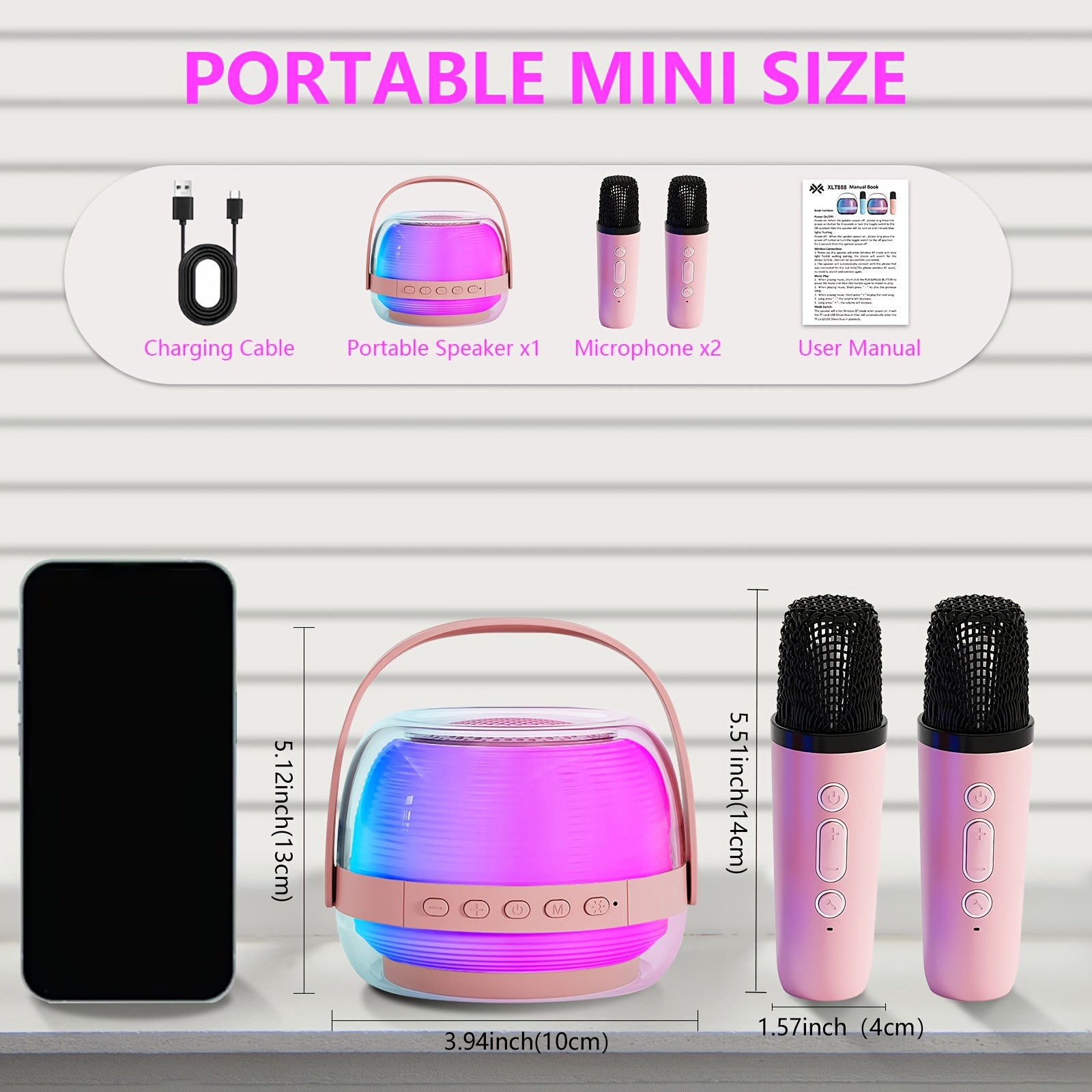 A Portable Karaoke Machine Comes with Two Wireless Microphones And a Three-Piece Speaker Set. The Wireless Speaker Is a Creative Gift for Adult Birthdays, Featuring Ambient Lighting And a Night Lamp. It Is Suitable for Bedroom Use