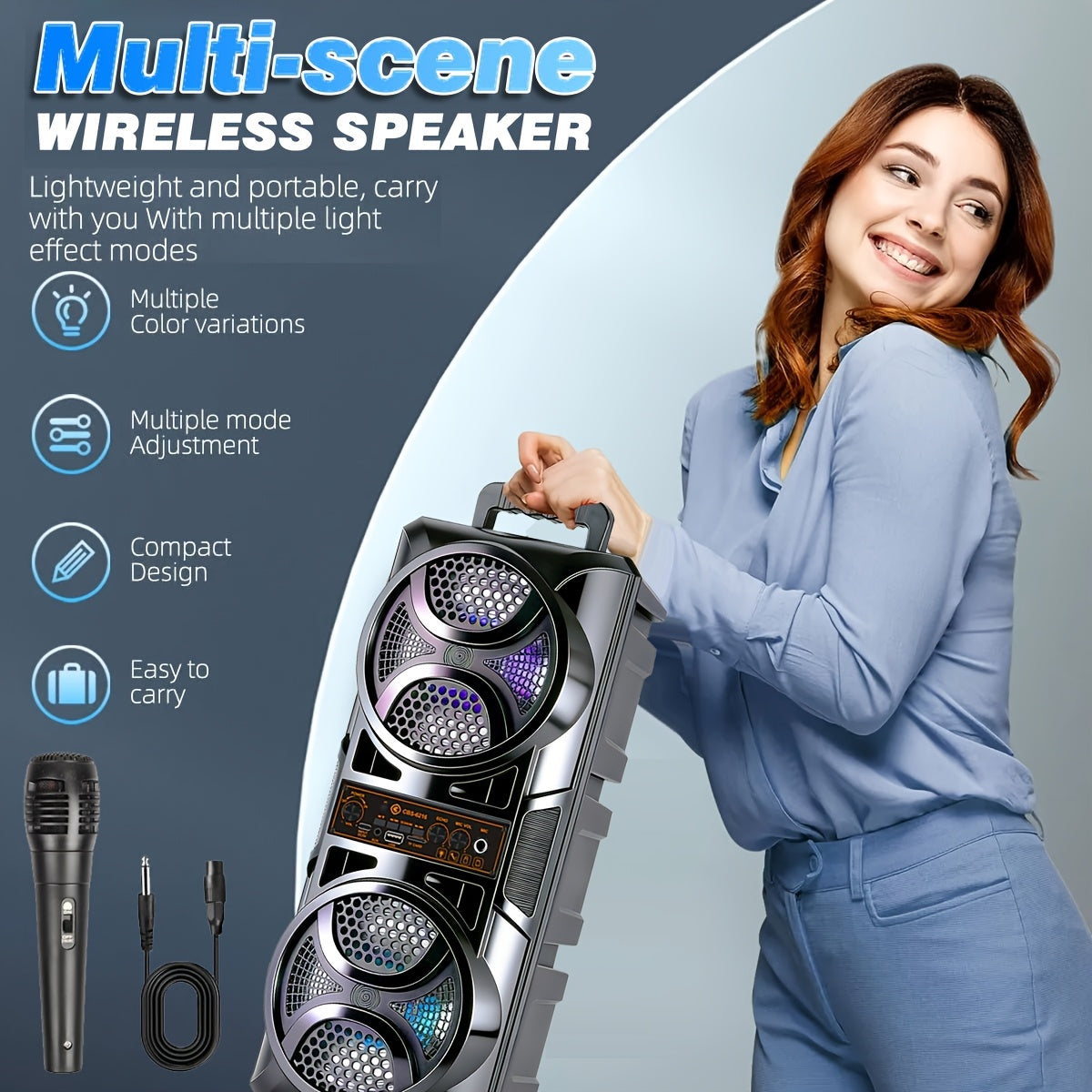 1200W Polk-Level Sound Portable PA Bluetooth Speaker with LED Lights, Wired Microphone Included, Rechargeable Wireless Speaker, Support AUX, USB, FM for Party, Outdoor & Holiday Gift