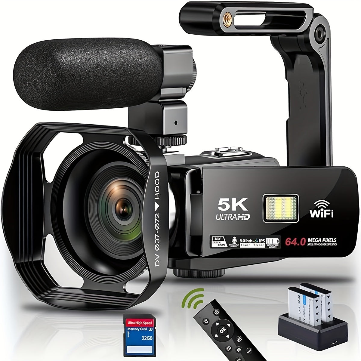 DINGETU 5K Video Camera Camcorder, 64MP WiFi Vlogging Camera for YouTube with IR Night Vision, 18X Digital Zoom, 3" Touch Screen, Webcam, Microphone, Remote Control & 2 Batteries