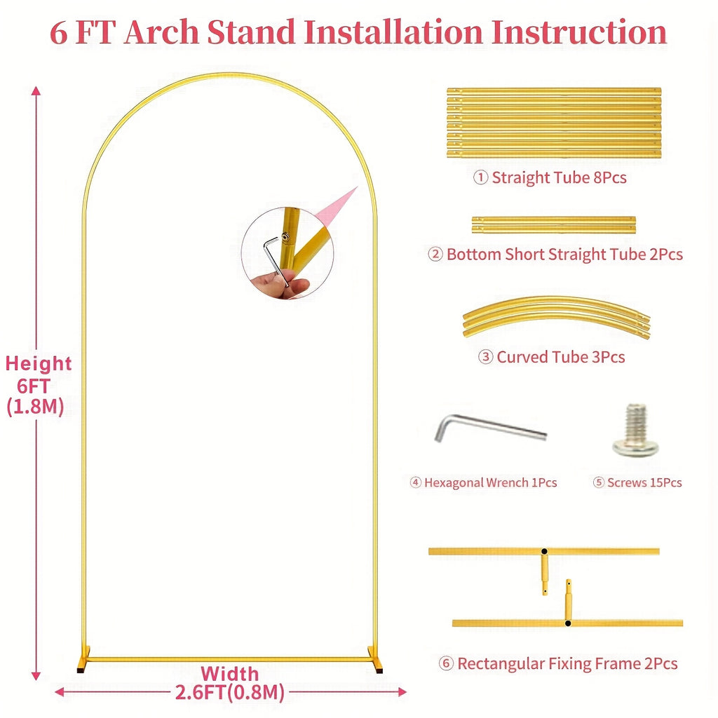 Set Of 2 Golden Metal Wedding Arch Backdrop Stand (7.2FT And 6FT), Balloon Arched Frame Backdrop Stand For Parties, Wedding Birthday Baby Shower Graduation Holiday Ceremony Supplies Decor