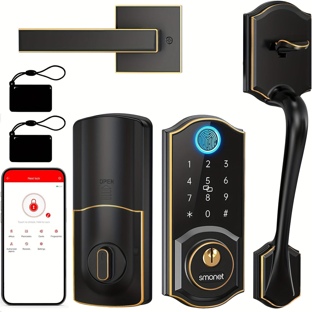 SMONET Smart Front Door Lock Set Keyless Entry Door Lock with Handle Fingerprint Smart Deadbolt Bluetooth Electronic Digital Keypad Lock Phone APP Auto Lock for Home Office Airbnb Hotel