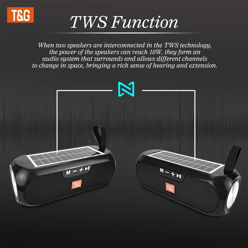TG182 Solar Speaker Is a Wireless Outdoor Speaker That Connects to Mobile Phones, Tablets, Computers, And Tvs. It Features a 10W USB Portable Design, Supports TF Cards, FM Radio, And Has an Auxiliary Input