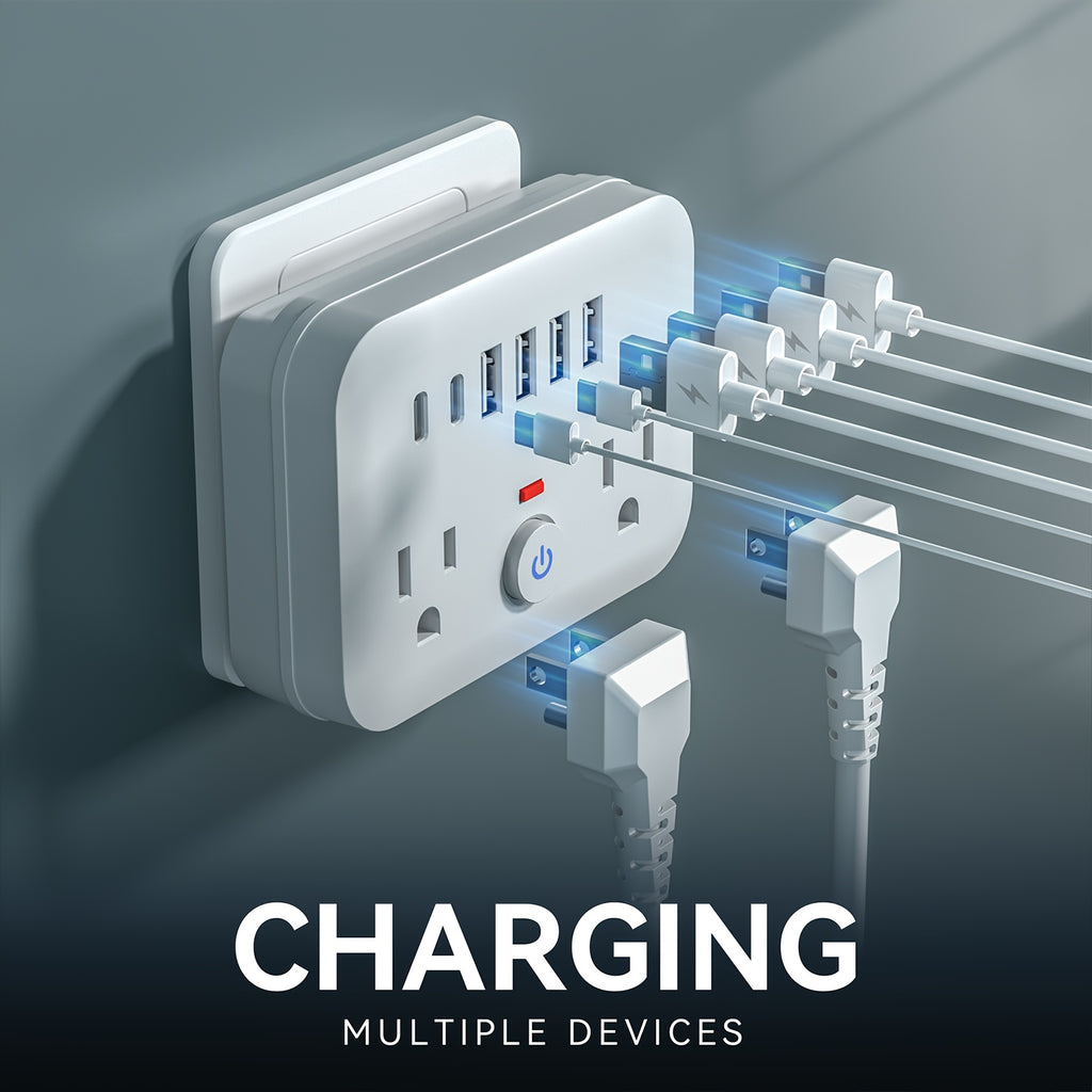 Mini Portable Surge Protector Power Strip, 8-in-1 Multifunction with 2 Outlets, 4 USB Ports, 2 USB-C Jacks, Overload Protection, US Plug, Wall-Mounted for Home, Travel, Office - Black & White, Travel Accessory | Sleek Black Design | Multi-port Surge