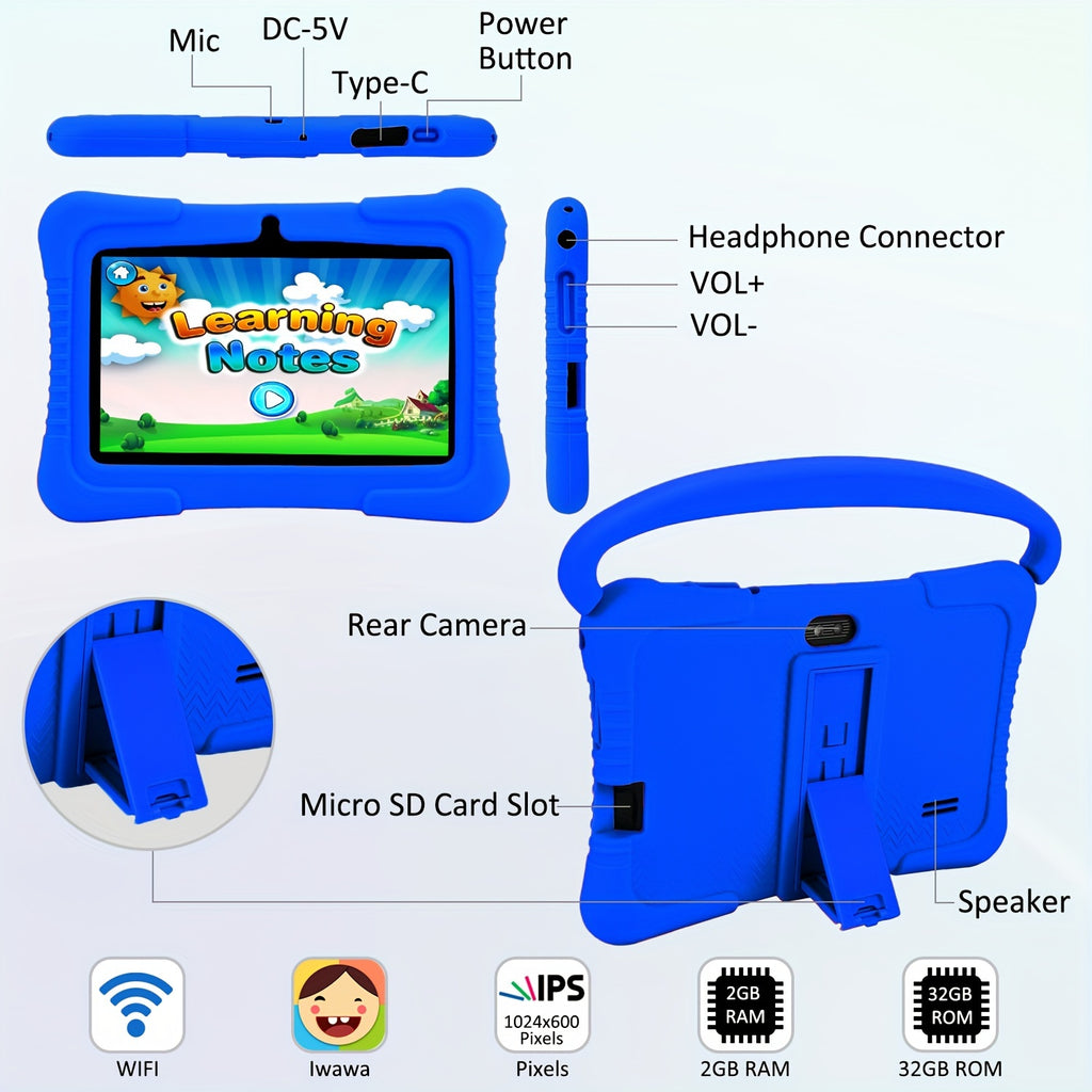 Veidoo, 7 Inch Kids Tablet, 2GB RAM 16GB ROM/2GB RAM+32GB ROM, Support 1TB ROM EXPAND, Security Eye Screen, Wifi, Dual Camera, Educational Games, Parental Control APP, Android Tablet, Tablet with Drop Proof Silicone Cover (Dark Blue), Tablet, Pad