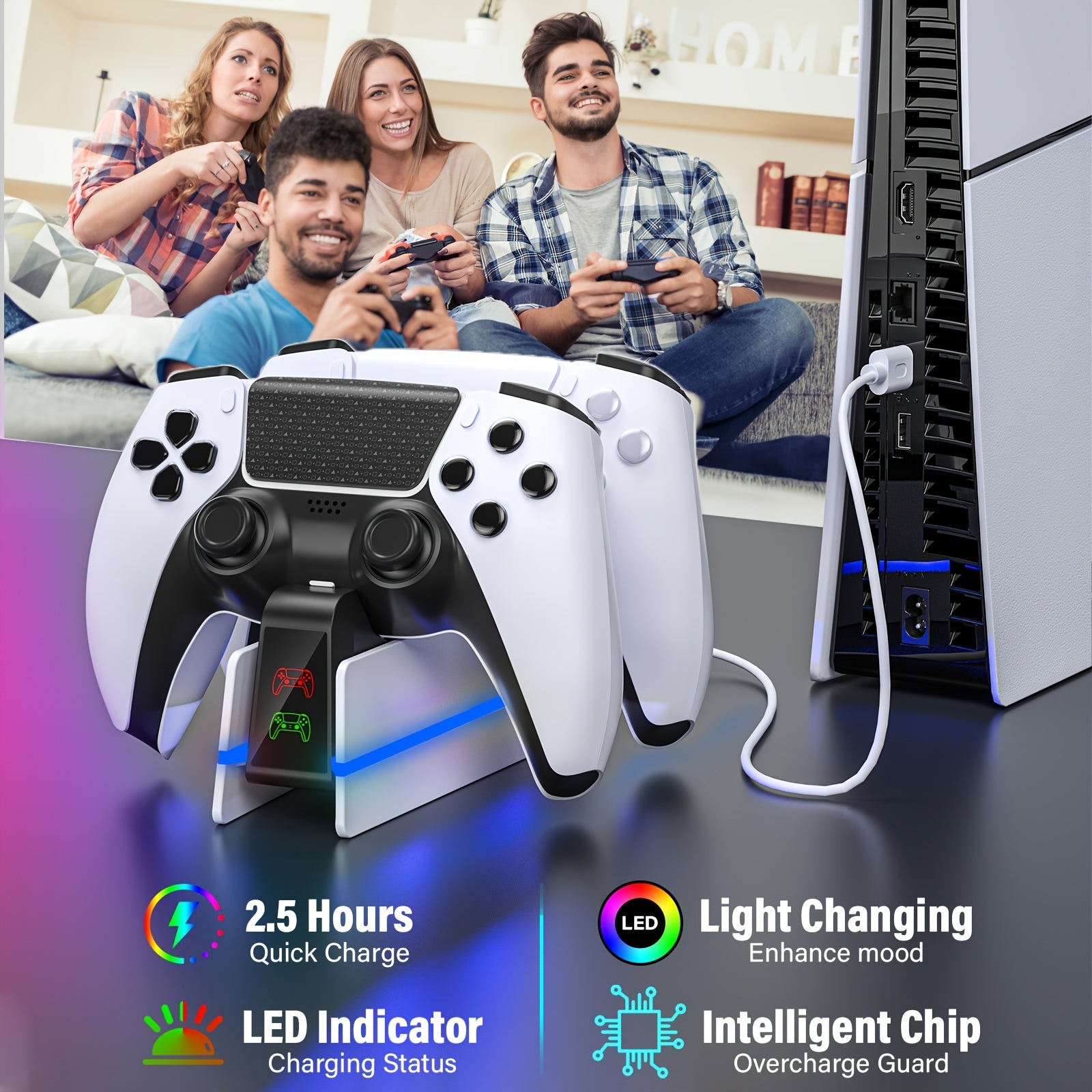 For PS5 Controller Charger Station - Charging Station for Playstation 5/Edge Controller with 9-Color LED Light, Fast Charging Dock And Holder Charger Stand for Ps5/Slim/Pro Remote Additions