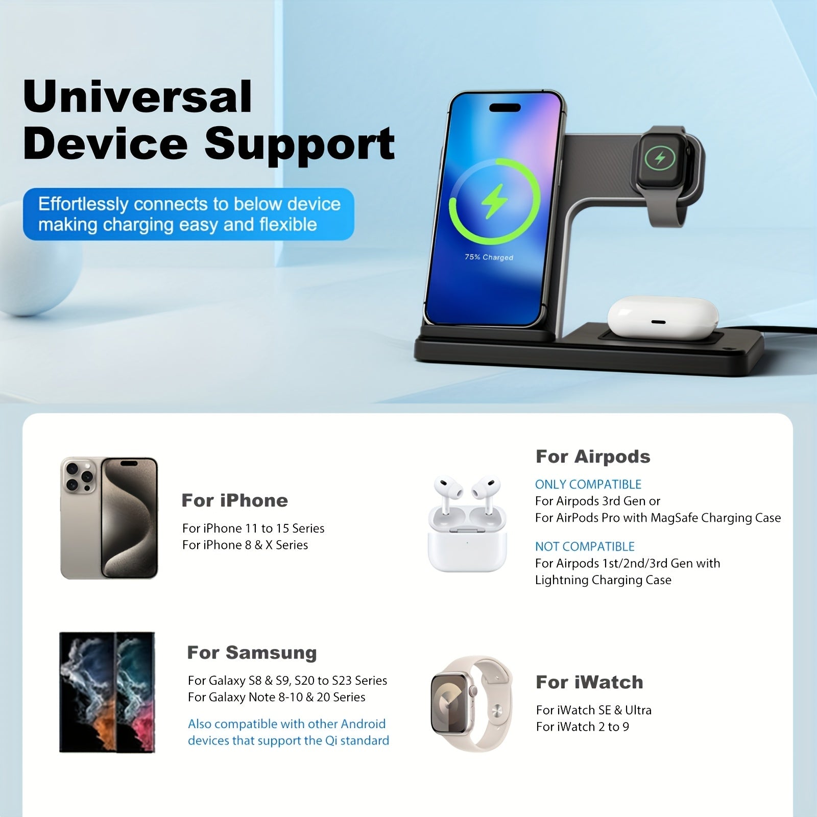 [Valentine's Day Gifts] Foldable 3-in-1 Wireless Charger Station, 15W Fast Charging Charger Stand, for iPhone 16 15 14 13 12 11 X 8 Pro Max/Pro/Mini/Plus, for iWatch Ultra10/9/8/7/6/5/4/3/2 SE, for AirPods 3/2/Pro Multiple Devices, School Season, Valentin