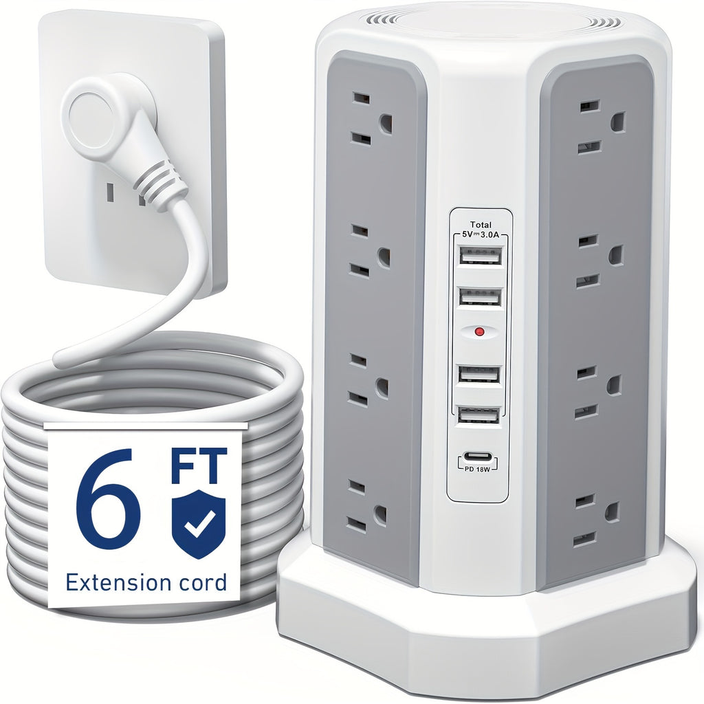 Angled Flat Plug 16 AC Outlets Power Strip Tower with USB C Port (PD18W), Surge Protector Power Tower with 5 USB Charging Ports, 6FT Extension Cord Desktop Power Strip - White