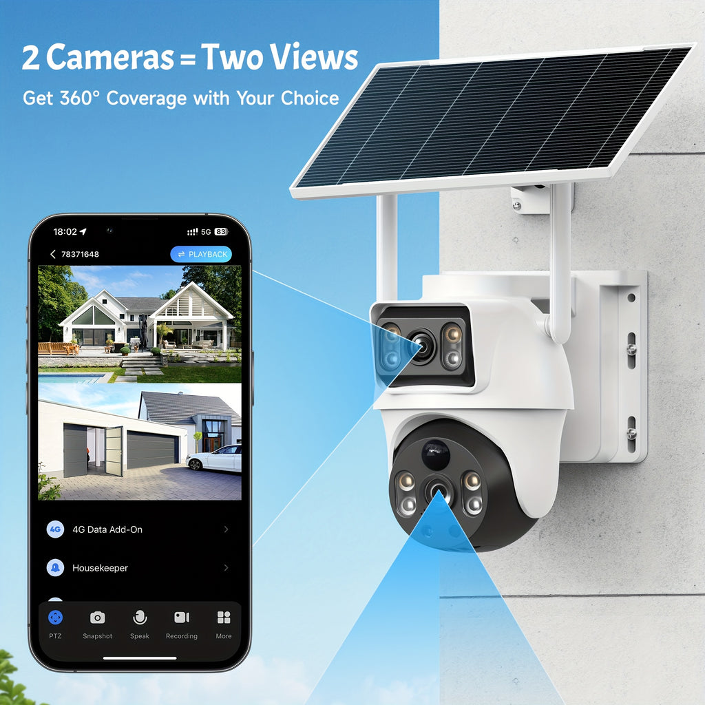 [For Home Security] 4G LTE Cellular 8MP Solar Safety Surveillance Camera With Solar Panel Pan Tilt 360° Viewing Angle Monitoring Dual Lens System SIM Card Included, PIR Motion Detection, Color Night Vision, Two-Way Audio, App Control For Home Security Onl