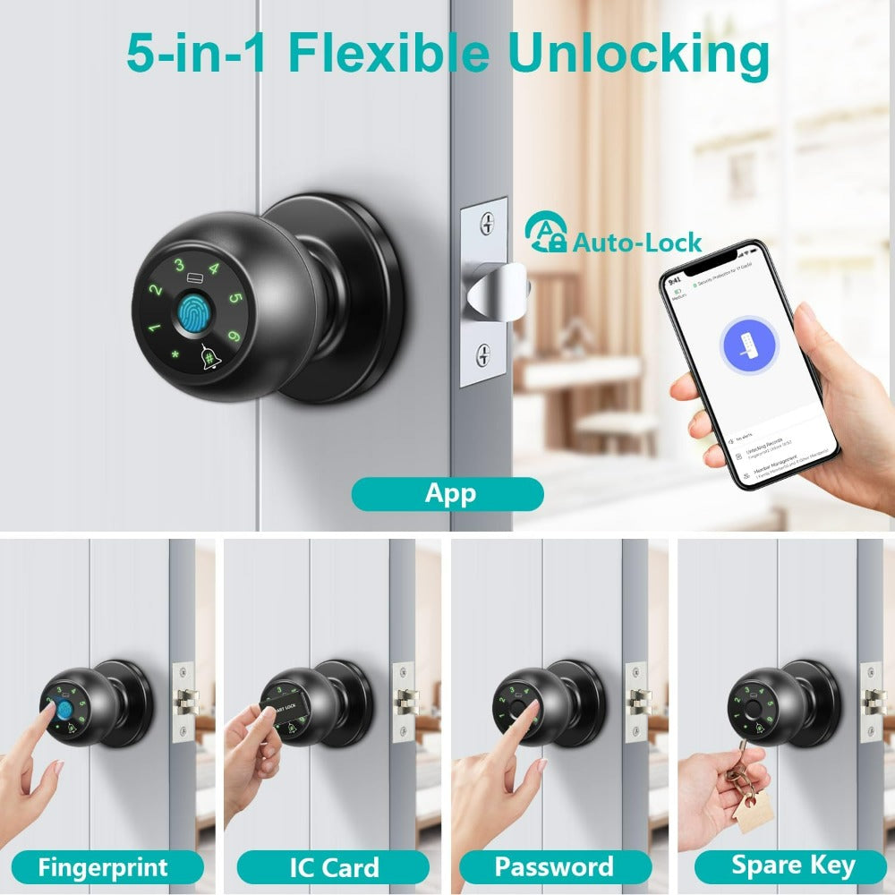 Smart Fingerprint Door Handle, This Biometric Lock Offers Five Unlocking Methods: Via Fingerprint, App, IC Card, Password, And Backup Key. It Is a Keyless Entry System, Ideal for Bedrooms And Apartments