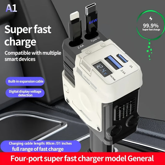 4-IN-1 Super Fast Car Charger - Dual 80cm/31 Inch Long Retractable Cable, 2 USB Port Adapters, Voltage Supervision, Four In One Comes with Lightning And Type-C, Durable And Tangle-Free Design for Easy Use.