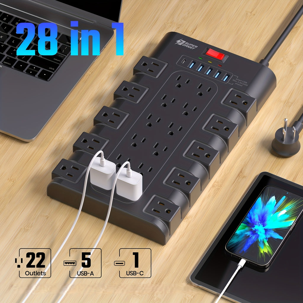 28-in-1 Surge Protector Power Strip With Control Switch, 22 Spacious AC Outlets With 6 USB Ports (1 USB-C PD24/45W), 2100 Joules, Wall-Mountable 5/8/9/10/13Ft Extension Cord, Flat Plug, Multi-Outlet Power Bar With Overload Protection For Home