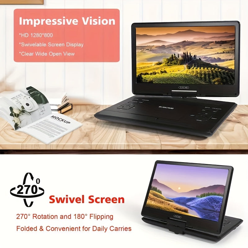 17" Portable DVD Player with 14.1" Large HD Screen, 6 Hours Rechargeable Battery, Support USB/SD Card/Sync TV And Multiple Disc Formats, High Volume Speaker, Black