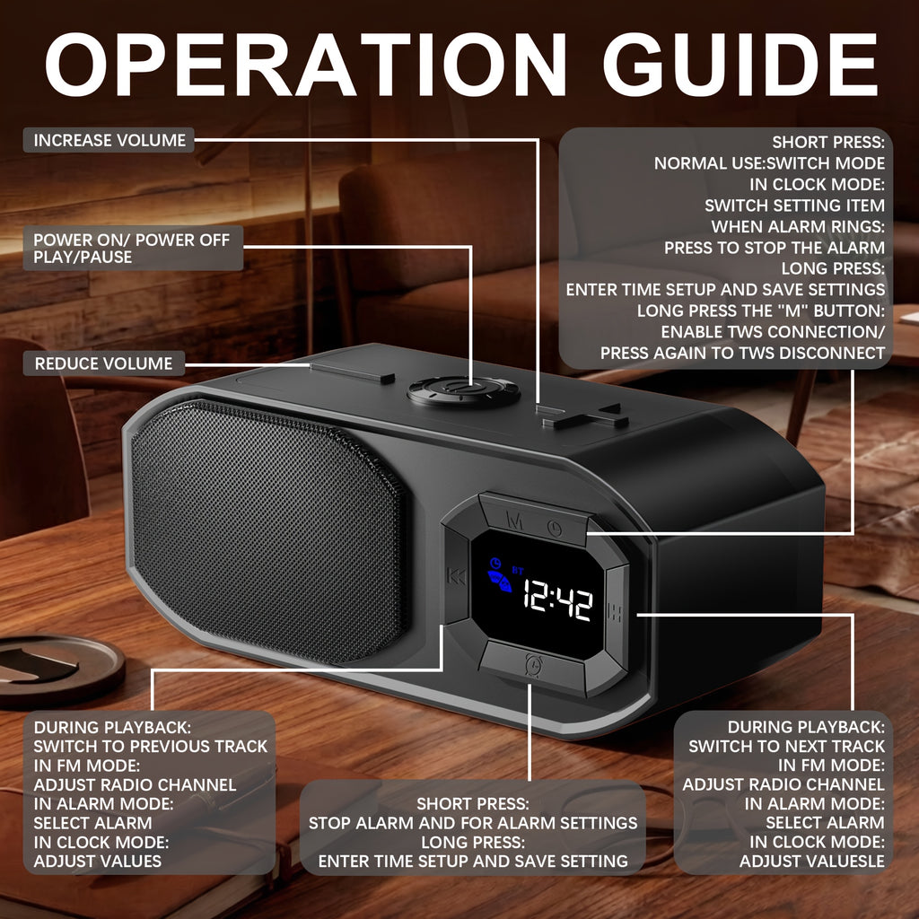 Wireless Speaker with Digital Alarm Clock, Fixed-time Alarm, HD Sound, High - Quality Diaphragm, TWS Pairing, Wireless/USB/TF Card/AUX, Rechargeable Battery, Type-C Charging Cable, Non-slip Pad, Suitable for Home, Bedroom, Dorm, Camping