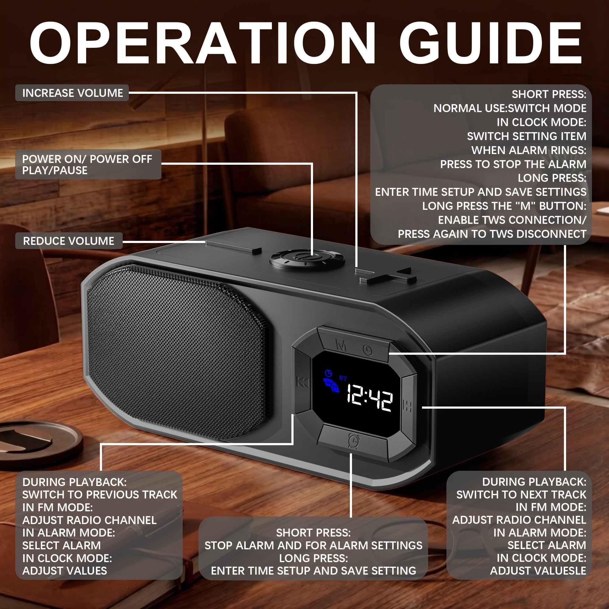 Wireless Speaker with Digital Alarm Clock, Fixed-time Alarm, HD Sound, High - Quality Diaphragm, TWS Pairing, Wireless/USB/TF Card/AUX, Rechargeable Battery, Type-C Charging Cable, Non-slip Pad, Suitable for Home, Bedroom, Dorm, Camping