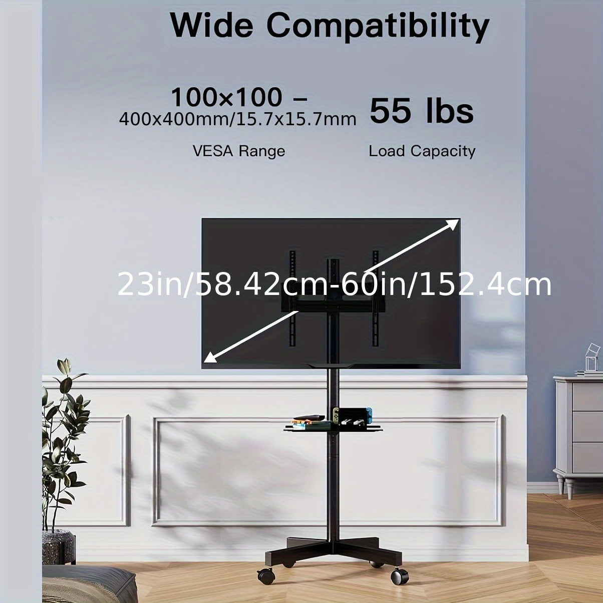 Height Adjustable Rolling TV Cart with Lockable Wheels, Fits 23-60 Inch LCD LED OLED Flat And Curved Tvs, Mobile TV Stand for Home And Office, Black