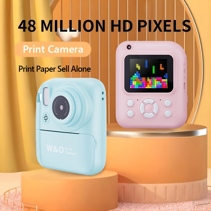 W&O Instant Print Camera With Print Paper - 48MP Digital Camera With Flash, MP4, Puzzle Game, 32G TF Card And Card Reader, Outdoor Photography Mini Digital Camera Printer With 2.4'' 1080P FHD Cartoon Photo Mini Camera - Great Birthday Christmas Gift