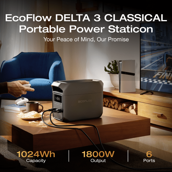 EcoFlow 30W Rapid GaN-C Charger with DELTA 3 Classical Dark 1000 Portable Power Station, 1024Wh LiFePO4 Battery, 60mins Fast Charging, Solar Power Bank for Home Backup Power, Camping & RV panel solar para casa 110v y 220v convertidor de 12v a 110v estació