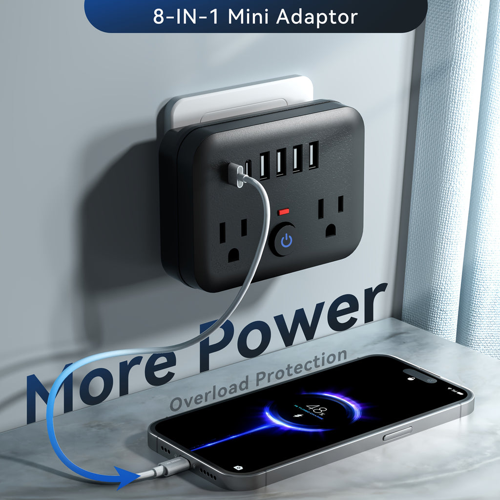 Mini Portable Surge Protector Power Strip, 8-in-1 Multifunction with 2 Outlets, 4 USB Ports, 2 USB-C Jacks, Overload Protection, US Plug, Wall-Mounted for Home, Travel, Office - Black & White, Travel Accessory | Sleek Black Design | Multi-port Surge