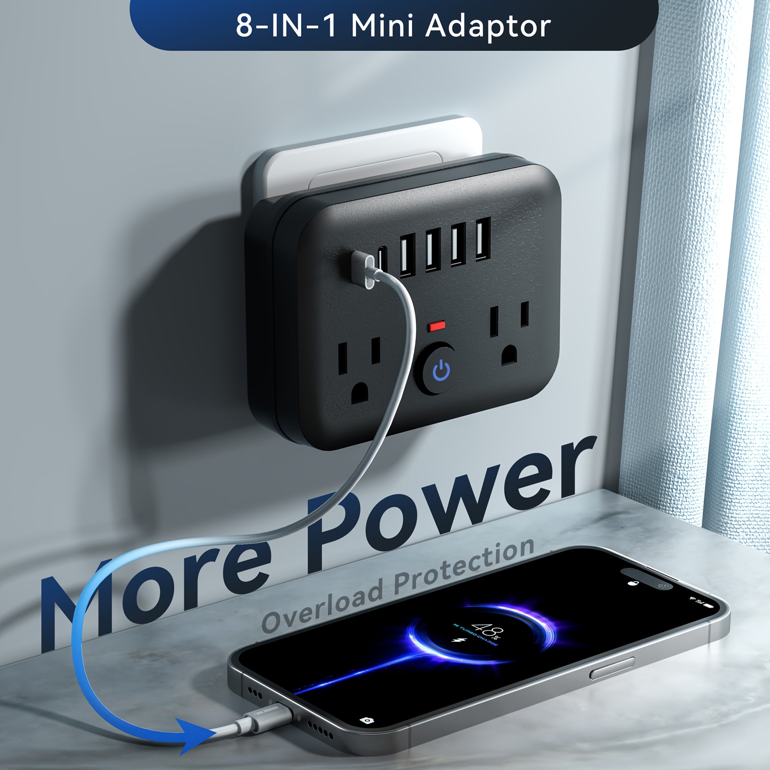 Mini Portable Surge Protector Power Strip, 8-in-1 Multifunction with 2 Outlets, 4 USB Ports, 2 USB-C Jacks, Overload Protection, US Plug, Wall-Mounted for Home, Travel, Office - Black & White, Travel Accessory | Sleek Black Design | Multi-port Surge