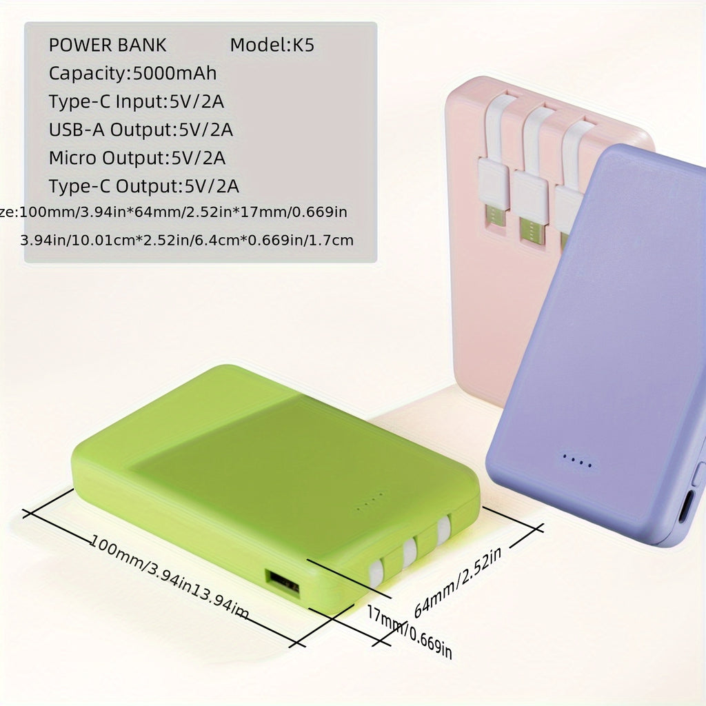 Portable Power Bank, Lightweight And Compact, 5000mAh/10000mAh, Mini Version with Built-in Cable, Can Charge 4 Devices Simultaneously with Type-C Input, LED Indicator Showing Remaining Capacity, Easy to Carry, Compact Charger with Built-in USB-C