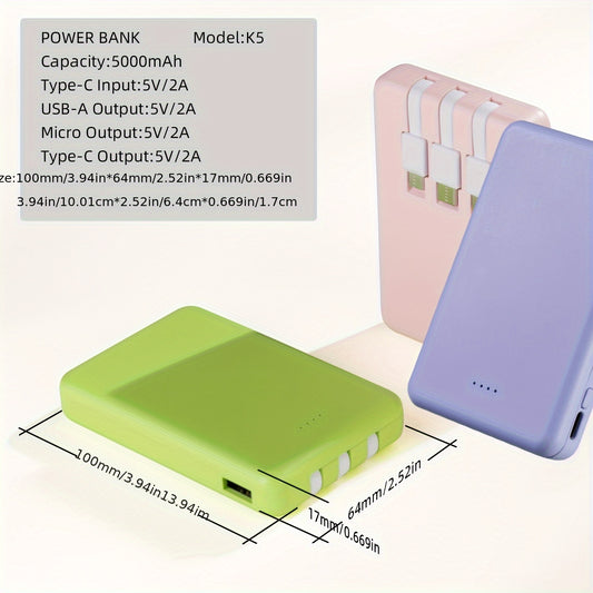 Portable Power Bank, Lightweight And Compact, 5000mAh/10000mAh, Mini Version with Built-in Cable, Can Charge 4 Devices Simultaneously with Type-C Input, LED Indicator Showing Remaining Capacity, Easy to Carry, Compact Charger with Built-in USB-C