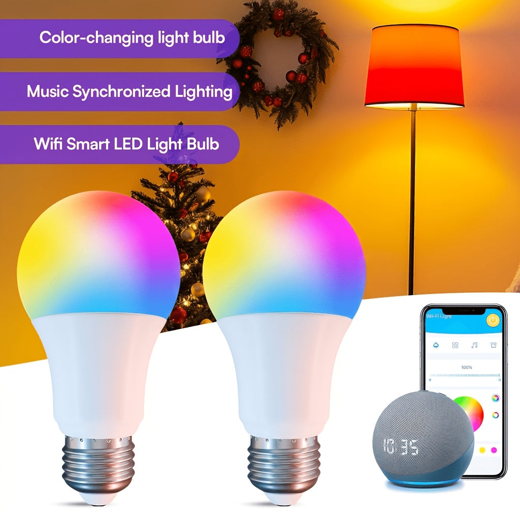 2 Pack Smart RGB Light Bulbs Compatible with Alexa And Google Home, LED Color-Changing Light Bulbs with 104 Preset Scenes, Music Sync Functionality, A19 E26 2.4GHz WiFi Connectivity, Ideal for Bedroom, Living Room, And Gaming Room Decoration,