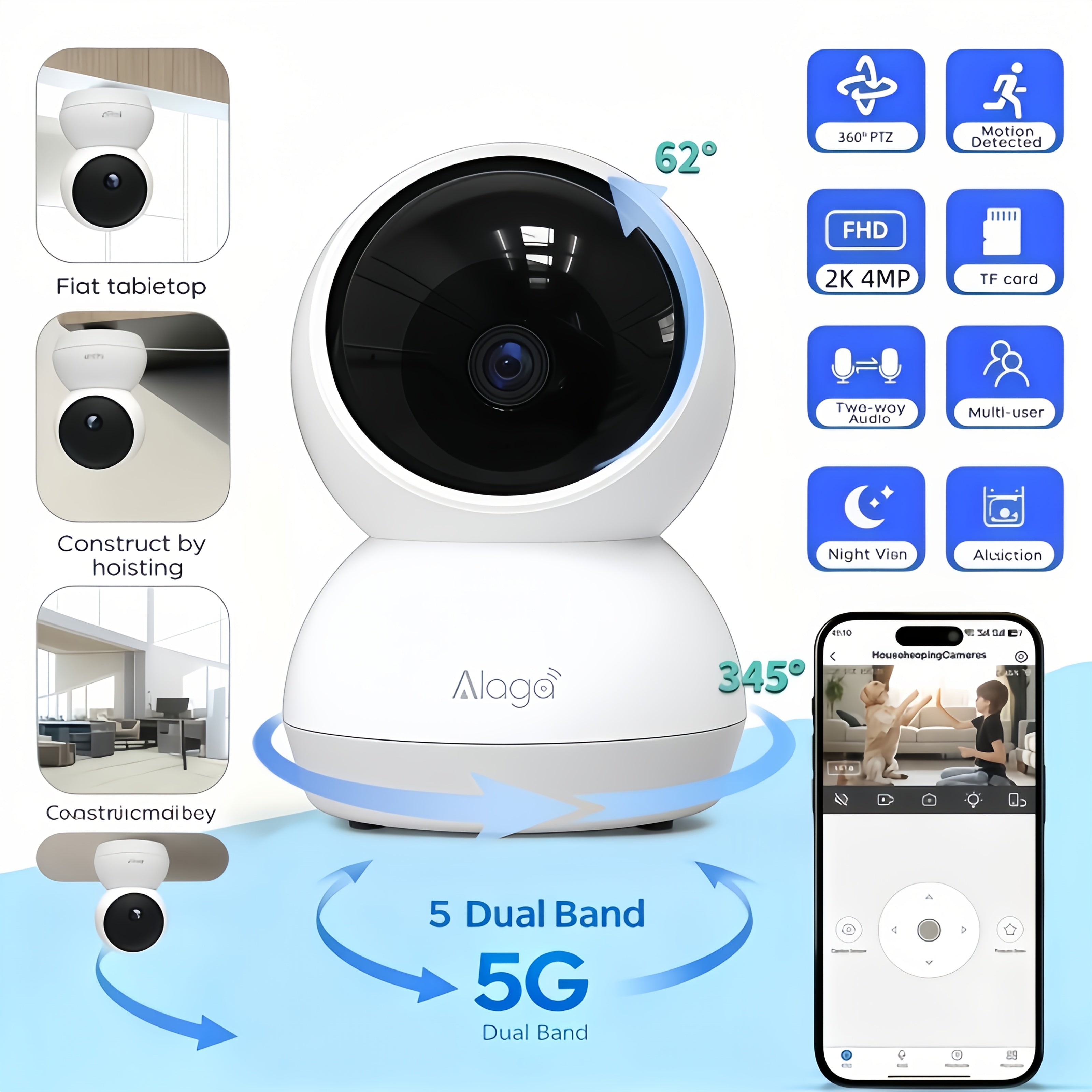 Alaga 2K 4MP 360° Panoramic View 5G/2.4G WiFi Home Security Camera, ABS Resin, AI Motion Detection, Real-Time Two-Way Audio, Night Vision Indoor Camera for Office Video Surveillance