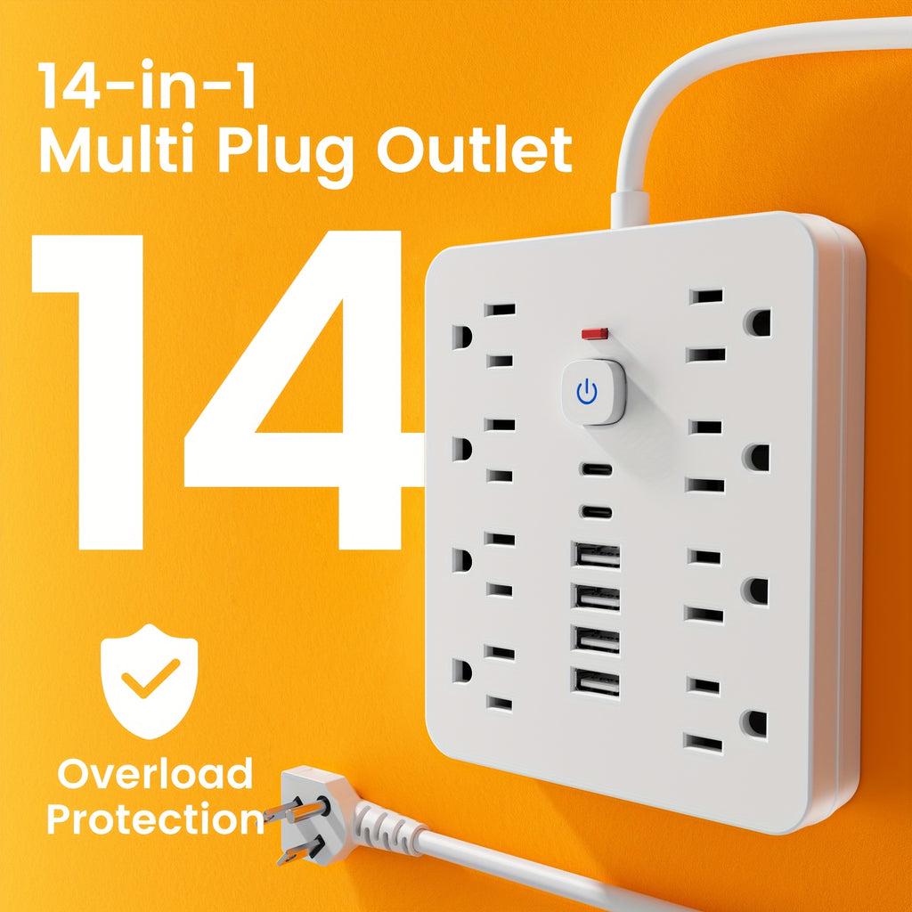 14-in-1 Power Strip with Surge Protector - 8 AC Outlets And 6 USB Ports (2 USB-C)|Flat Plug, Space-saving Design, Wall-mountable Multi-function Power Extension Cord, Overload Protection for Home, School And Office. Available In 5ft Or 10ft